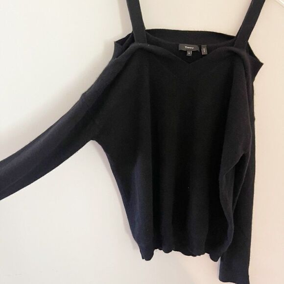 Theory Black Cashmere Cold Shoulder Long Sleeve Sweater Top Size Medium - Picture 5 of 9